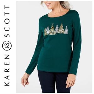 Sparkling Christmas Top Long Sleeve  Embroidered Tree Green Size X Large Petite